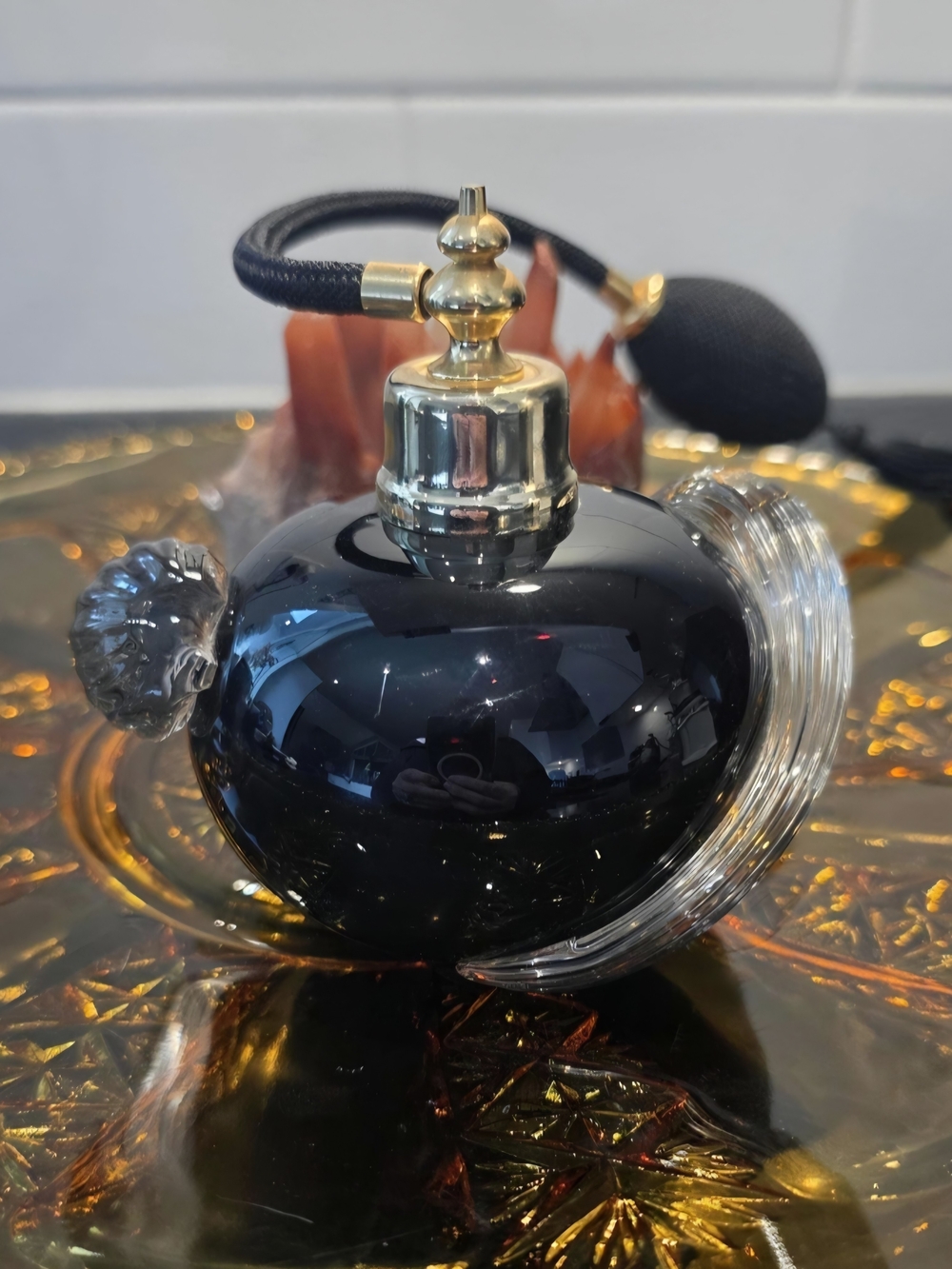 HTF Vintage Hand Blown Black Glass Perfume Atomizer Ribbon Fins Tassel
